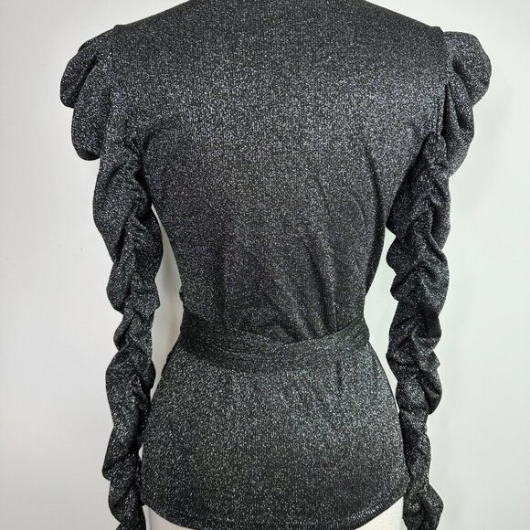 Walter Baker Marwin True Wrap Top Black Silver Sparkle Size Small Ruched Sleeve - Picture 9 of 13